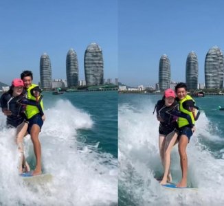 ​霍思燕杜江贴身冲浪引争议，两人中途陷入热吻，搂腰扶臀太开放